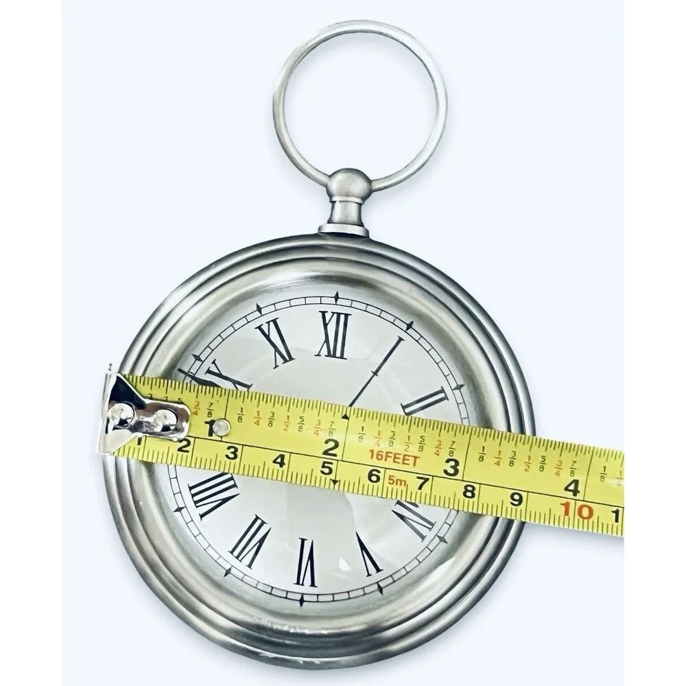 Pottery Barn Round Brushed Silver Pocket watch style Clock Shelf Decor Tested